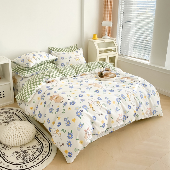 91家纺网 家纺一手货源 找家纺 沐辰 2022新款全棉13372系列印花四件套 花园小兔