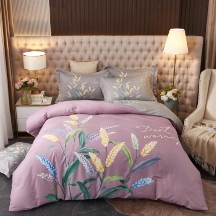 91家纺网 家纺一手货源 找家纺 金纱玉纺2022新全棉13372大版印花四件套 沁香麦园-紫