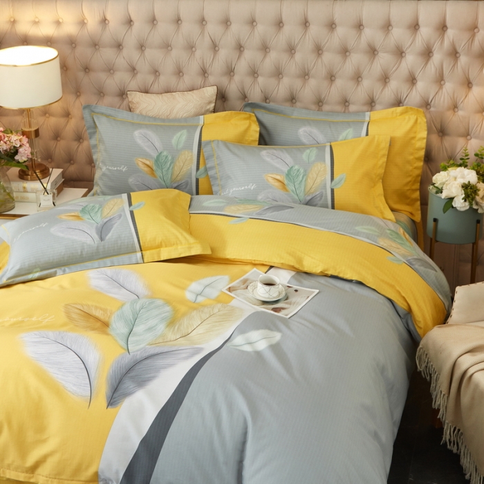 91家纺网 家纺一手货源 找家纺 金纱玉纺 2022新款全棉13372大版印花四件套 春风南岸-黄