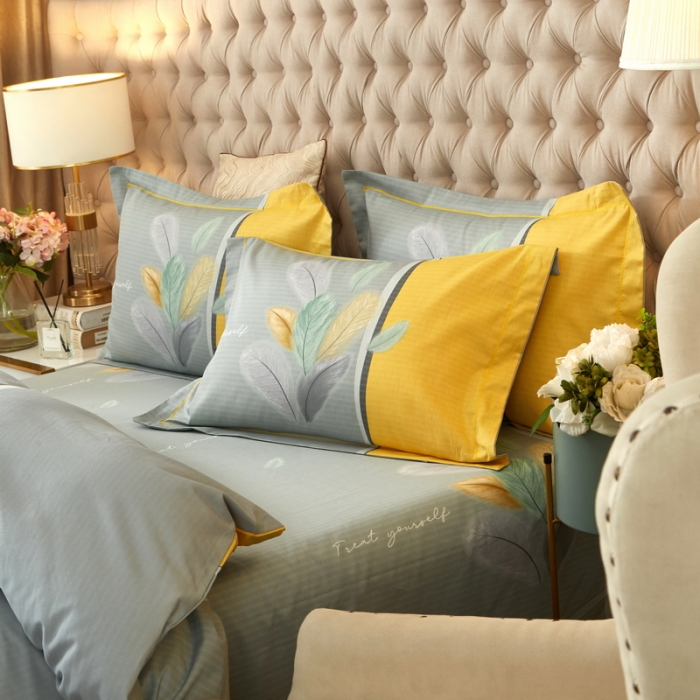 91家纺网 家纺一手货源 找家纺 金纱玉纺 2022新款全棉13372大版印花四件套 春风南岸-黄