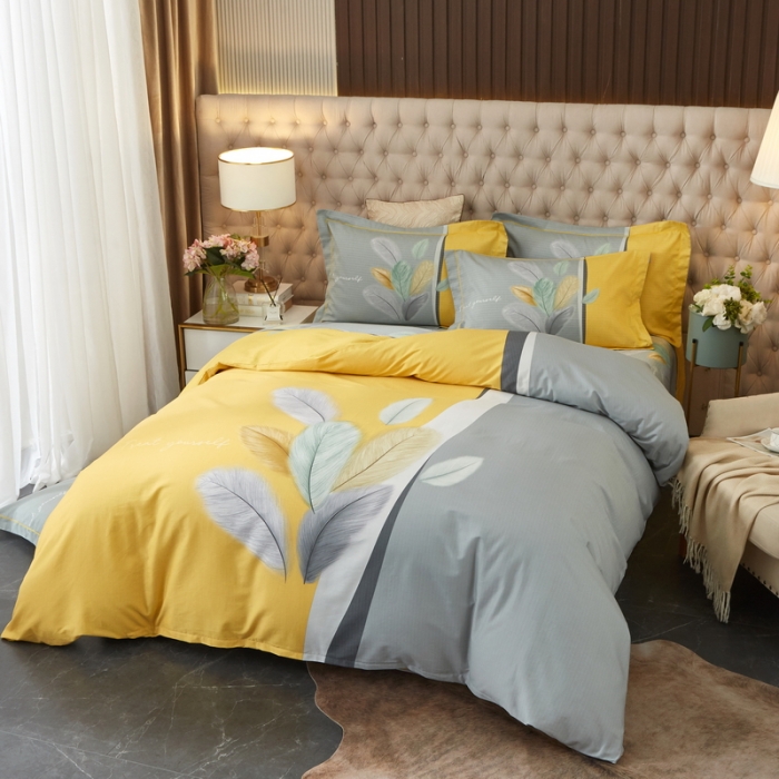 91家纺网 家纺一手货源 找家纺 金纱玉纺 2022新款全棉13372大版印花四件套 春风南岸-黄