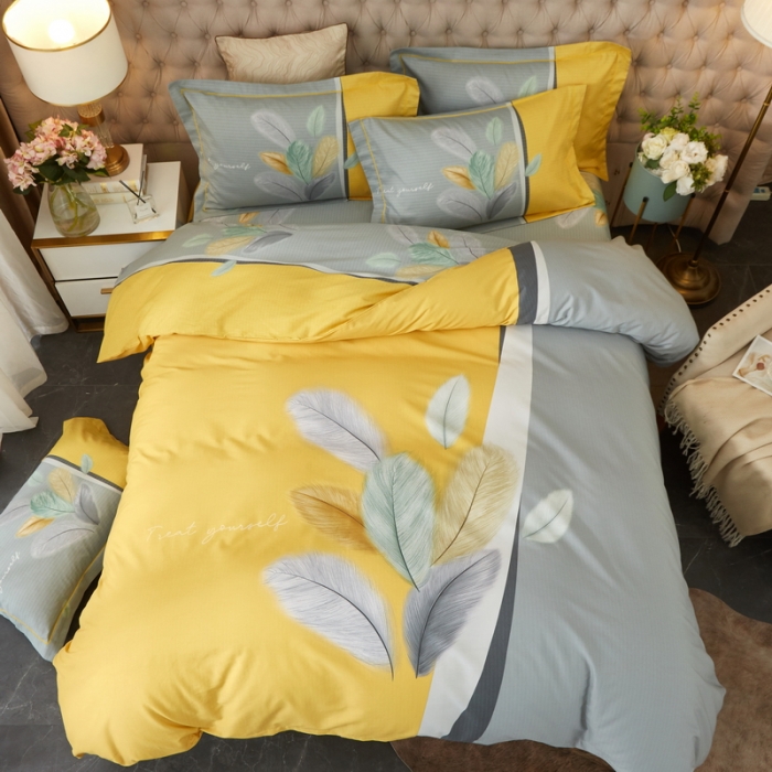 91家纺网 家纺一手货源 找家纺 金纱玉纺 2022新款全棉13372大版印花四件套 春风南岸-黄