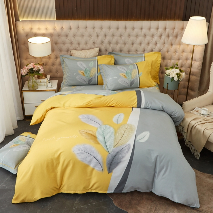 91家纺网 家纺一手货源 找家纺 金纱玉纺 2022新款全棉13372大版印花四件套 春风南岸-黄