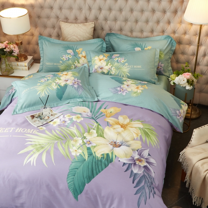 91家纺网 家纺一手货源 找家纺 金纱玉纺 2022新款全棉13372大版印花四件套 静怡-紫