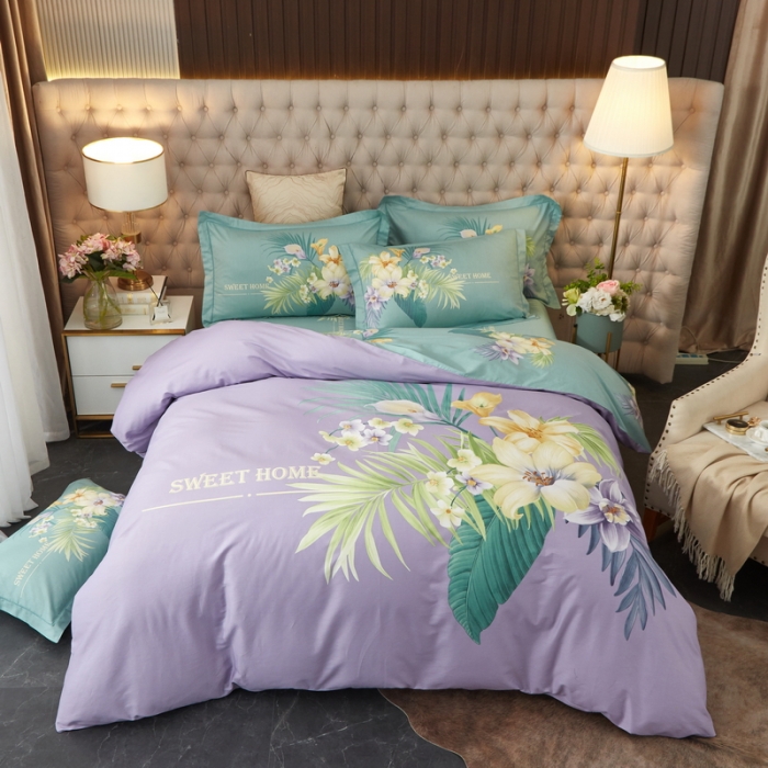 91家纺网 家纺一手货源 找家纺 金纱玉纺 2022新款全棉13372大版印花四件套 静怡-紫