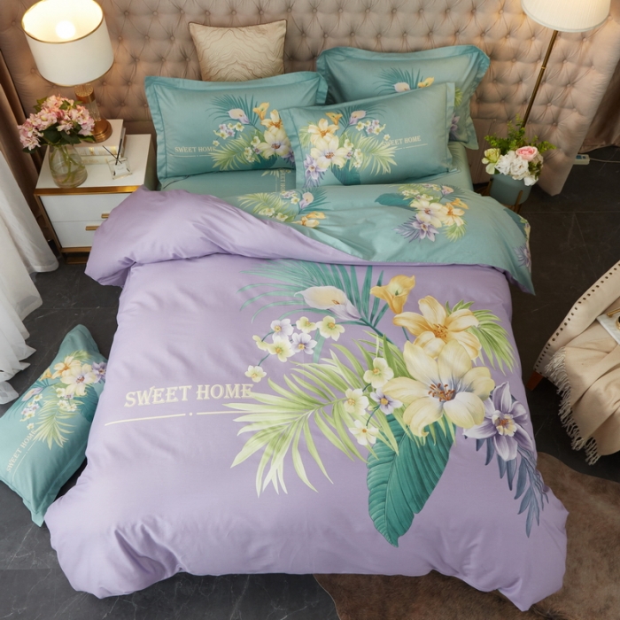 91家纺网 家纺一手货源 找家纺 金纱玉纺 2022新款全棉13372大版印花四件套 静怡-紫