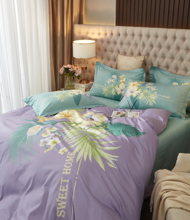 91家纺网 家纺一手货源 找家纺 金纱玉纺 2022新款全棉13372大版印花四件套 静怡-紫