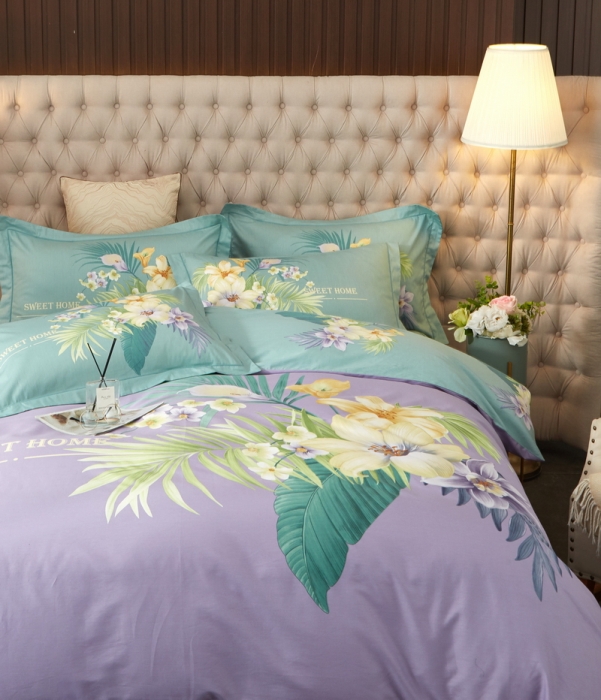 91家纺网 家纺一手货源 找家纺 金纱玉纺 2022新款全棉13372大版印花四件套 静怡-紫