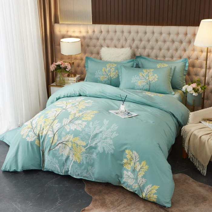 91家纺网 家纺一手货源 找家纺 金纱玉纺 2022新款全棉13372大版印花四件套 俪叶绿