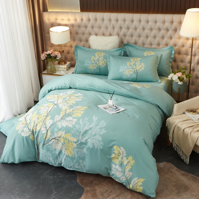 91家纺网 家纺一手货源 找家纺 金纱玉纺 2022新款全棉13372大版印花四件套 俪叶绿