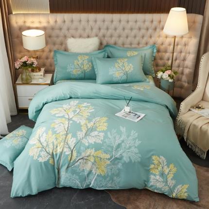 金纱玉纺 2022新款全棉13372大版印花四件套 俪叶绿