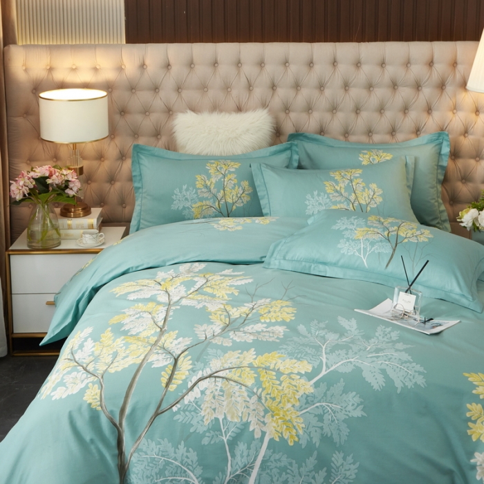 91家纺网 家纺一手货源 找家纺 金纱玉纺 2022新款全棉13372大版印花四件套 俪叶绿