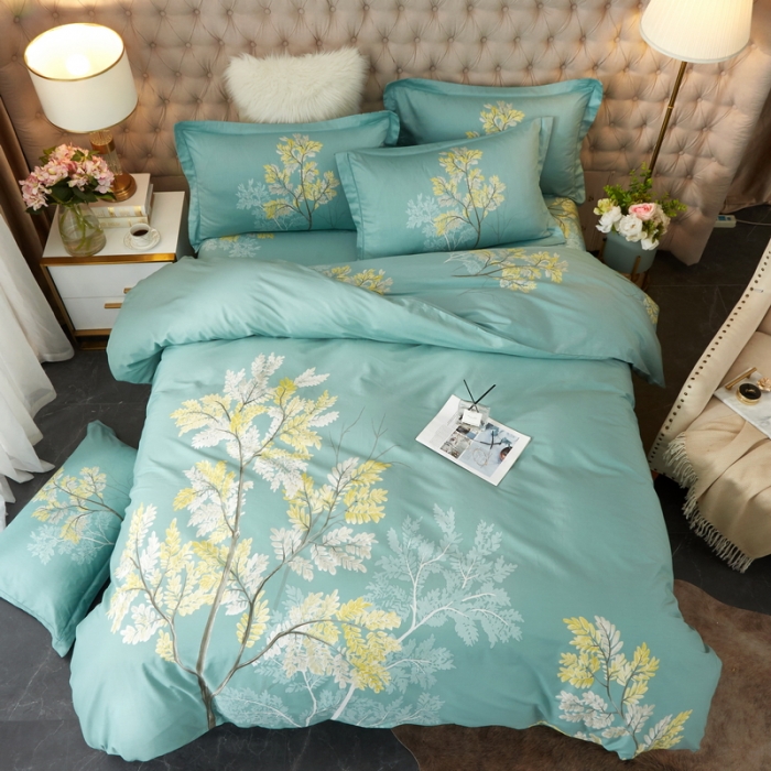 91家纺网 家纺一手货源 找家纺 金纱玉纺 2022新款全棉13372大版印花四件套 俪叶绿