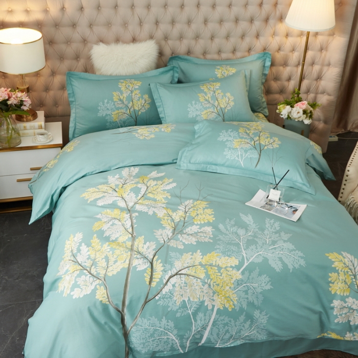 91家纺网 家纺一手货源 找家纺 金纱玉纺 2022新款全棉13372大版印花四件套 俪叶绿