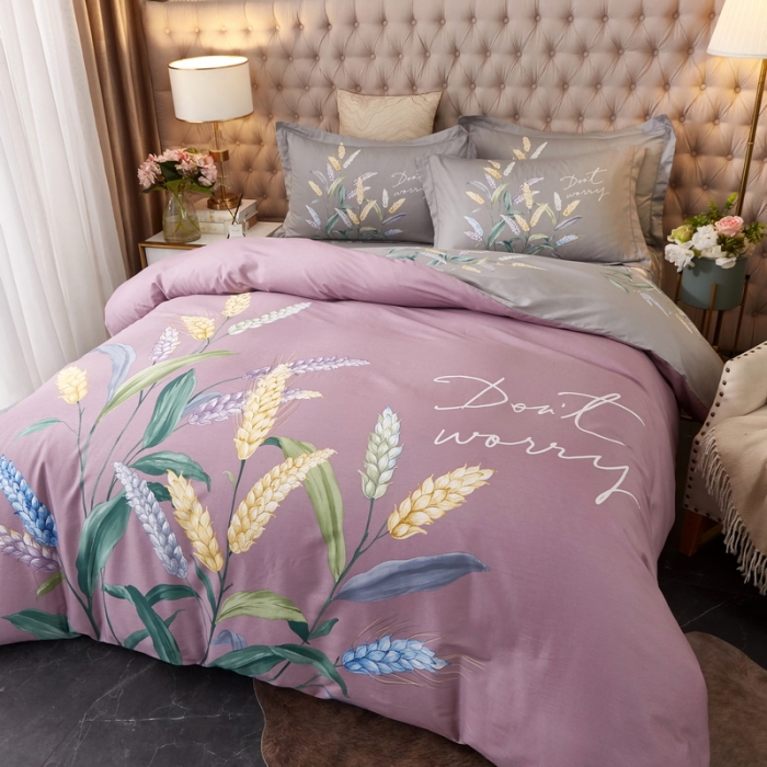 91家纺网 家纺一手货源 找家纺 金纱玉纺2022新全棉13372大版印花四件套 沁香麦园-紫