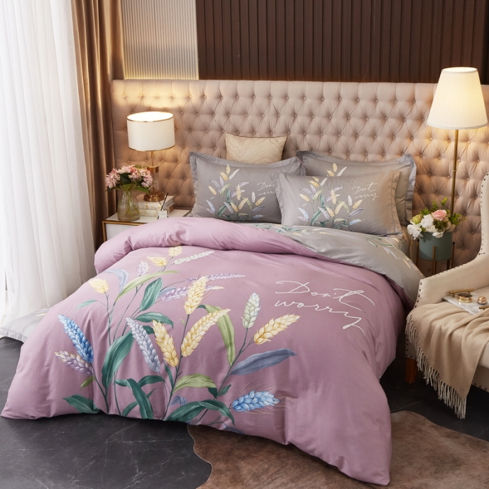 91家纺网 家纺一手货源 找家纺 金纱玉纺2022新全棉13372大版印花四件套 沁香麦园-紫