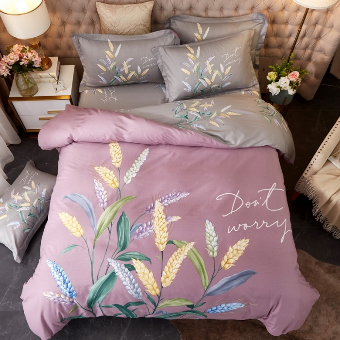 91家纺网 家纺一手货源 找家纺 金纱玉纺2022新全棉13372大版印花四件套 沁香麦园-紫