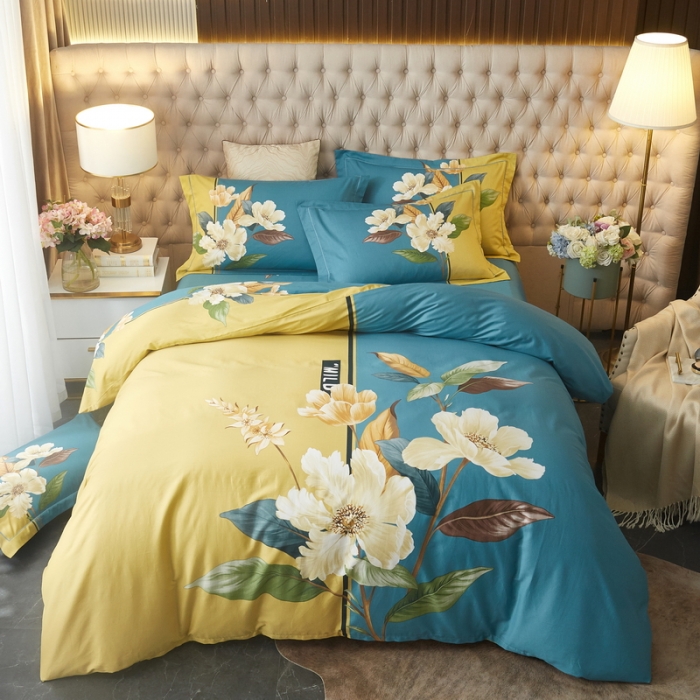 91家纺网 家纺一手货源 找家纺 金纱玉纺 2022新款全棉13372大版印花四件套 清风饮露