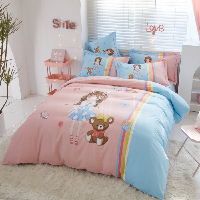 91家纺网 家纺一手货源 找家纺 金纱玉纺 2022新款全棉13372大版印花四件套 少女梦