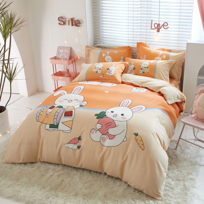 91家纺网 家纺一手货源 找家纺 金纱玉纺 2022新款全棉13372大版印花四件套 甜蜜兔