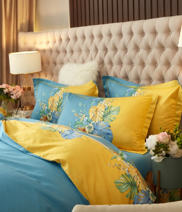 91家纺网 家纺一手货源 找家纺 金纱玉纺 2022新款全棉13372大版印花四件套 仲夏叶语