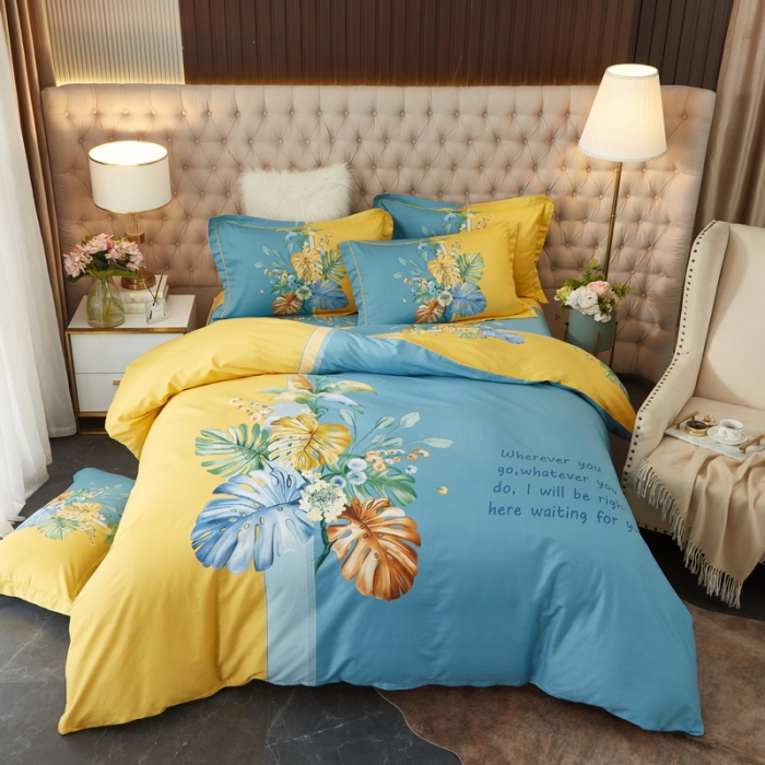 91家纺网 家纺一手货源 找家纺 金纱玉纺 2022新款全棉13372大版印花四件套 仲夏叶语