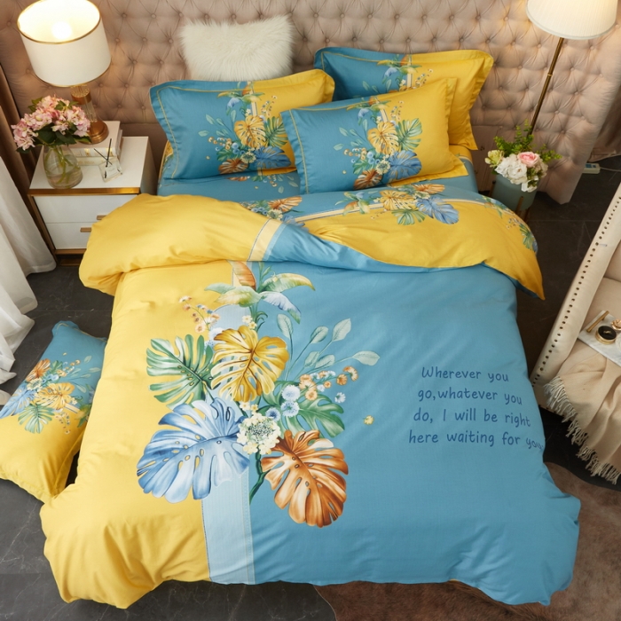 91家纺网 家纺一手货源 找家纺 金纱玉纺 2022新款全棉13372大版印花四件套 仲夏叶语