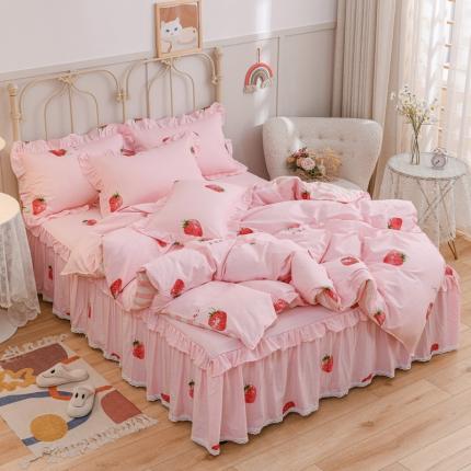 91家纺网 家纺一手货源 找家纺 （总）爱妮玖玖家纺2022新款小蕾丝单层床裙四件套配双针被套