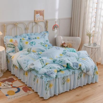 91家纺网 家纺一手货源 找家纺 （总）爱妮玖玖家纺2022新款小蕾丝单层床裙四件套配双针被套