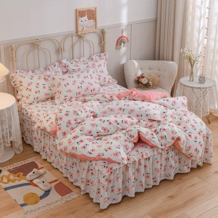 91家纺网 家纺一手货源 找家纺 （总）爱妮玖玖家纺2022新款小蕾丝单层床裙四件套配双针被套