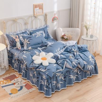 91家纺网 家纺一手货源 找家纺 （总）爱妮玖玖家纺2022新款小蕾丝单层床裙四件套配双针被套