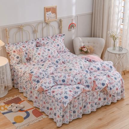 91家纺网 家纺一手货源 找家纺 （总）爱妮玖玖家纺2022新款小蕾丝单层床裙四件套配双针被套