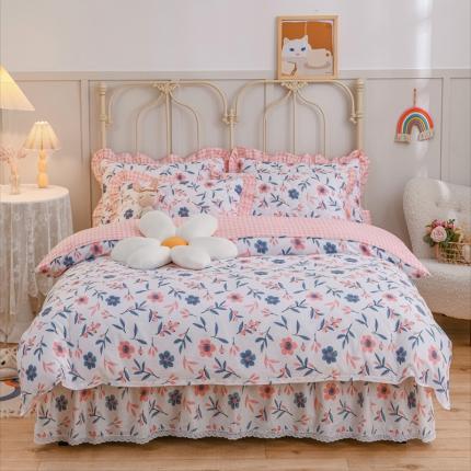 91家纺网 家纺一手货源 找家纺 （总）爱妮玖玖家纺2022新款小蕾丝夹棉床裙四件套配双针被套