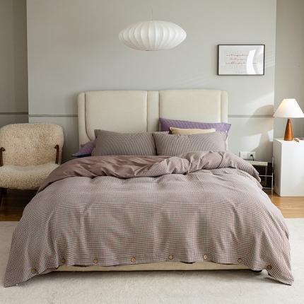 91家纺网 家纺一手货源 找家纺 寐眠 2022新款A类水洗棉提花千鸟格四件套 千鸟格咖