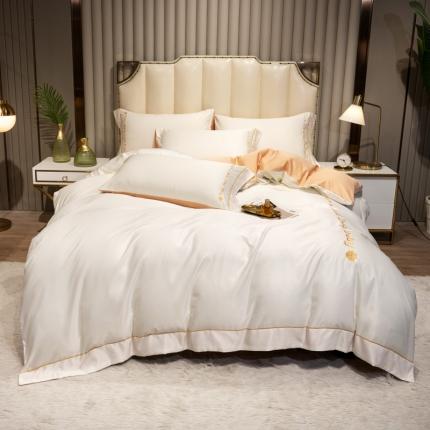 91家纺网 家纺一手货源 找家纺 骏腾2023新款水洗冰丝刺绣四件套真丝三件套-梦精灵 本白