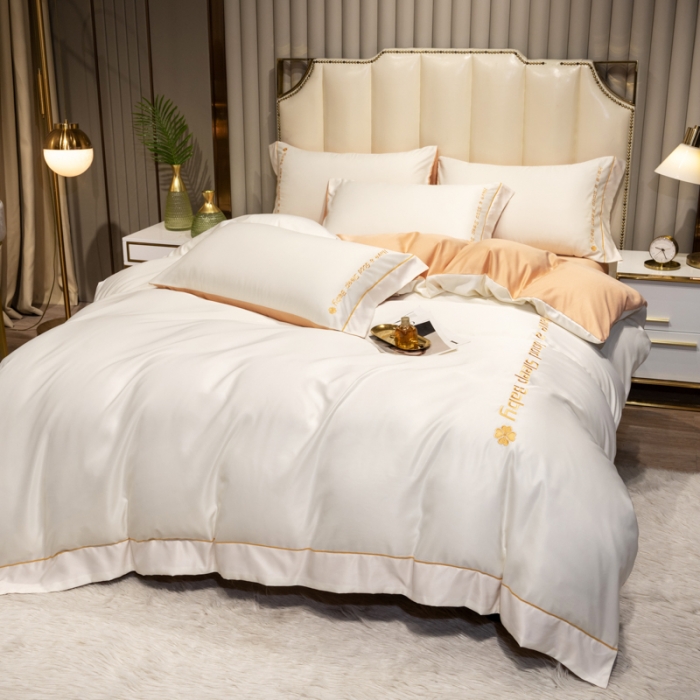 91家纺网 家纺一手货源 找家纺 骏腾2023新款水洗冰丝刺绣四件套真丝三件套-梦精灵 本白