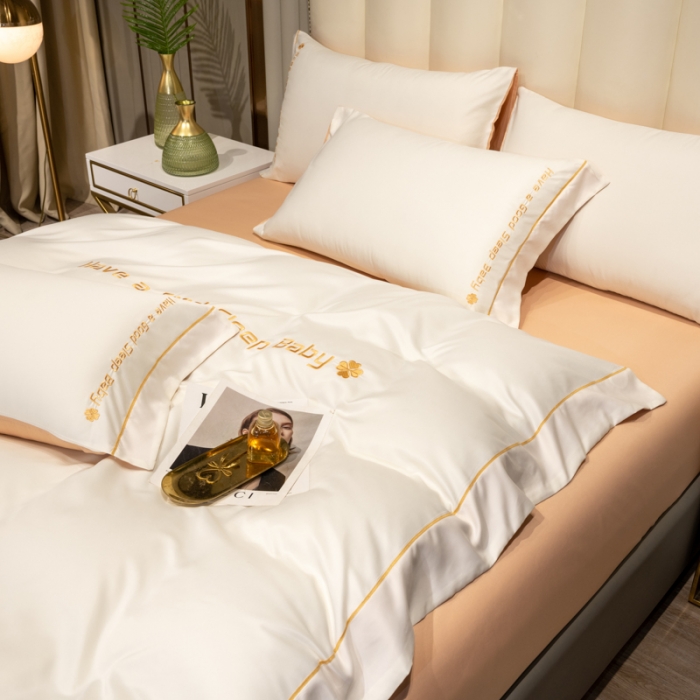 91家纺网 家纺一手货源 找家纺 骏腾2023新款水洗冰丝刺绣四件套真丝三件套-梦精灵 本白