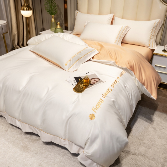 91家纺网 家纺一手货源 找家纺 骏腾2023新款水洗冰丝刺绣四件套真丝三件套-梦精灵 本白