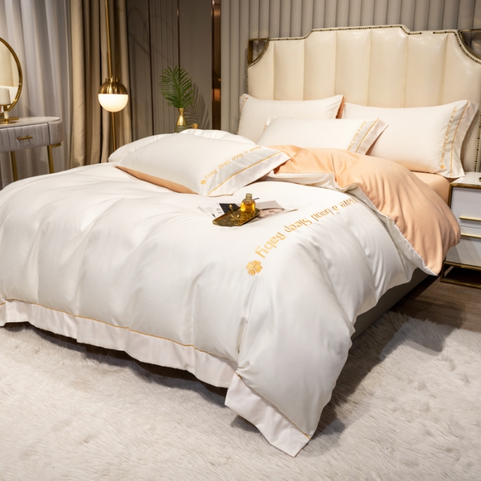 91家纺网 家纺一手货源 找家纺 骏腾2023新款水洗冰丝刺绣四件套真丝三件套-梦精灵 本白