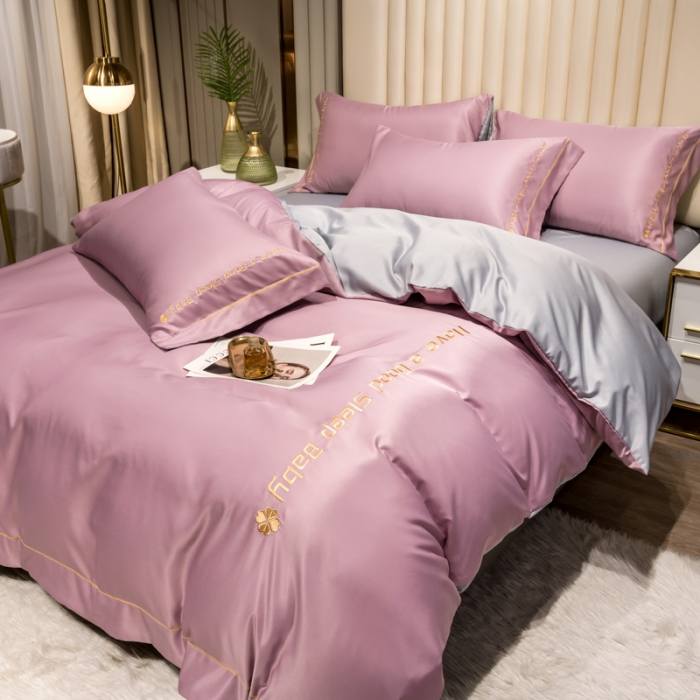 91家纺网 家纺一手货源 找家纺 骏腾2023新款水洗冰丝刺绣四件套真丝三件套-梦精灵 豆沙