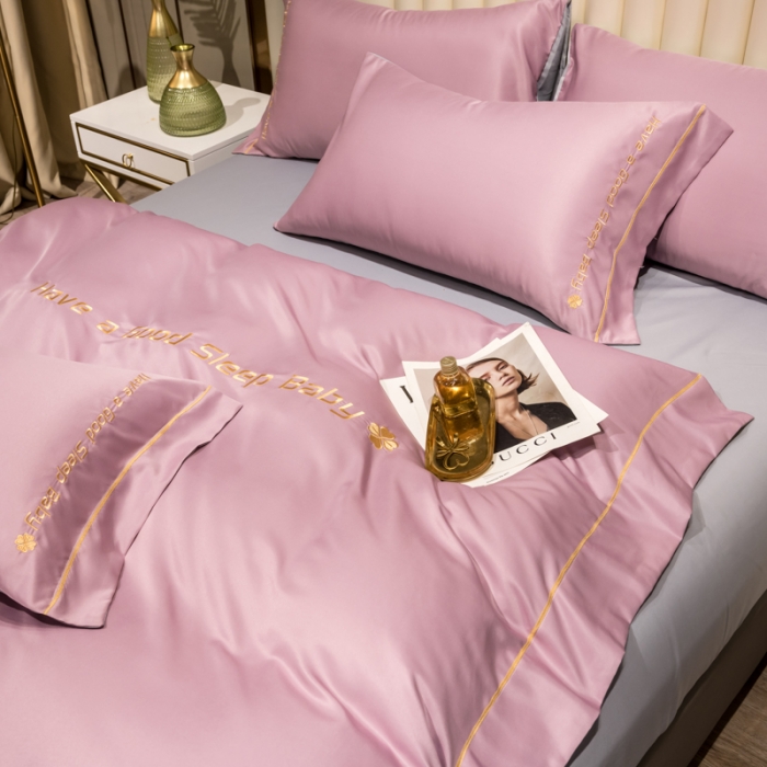 91家纺网 家纺一手货源 找家纺 骏腾2023新款水洗冰丝刺绣四件套真丝三件套-梦精灵 豆沙