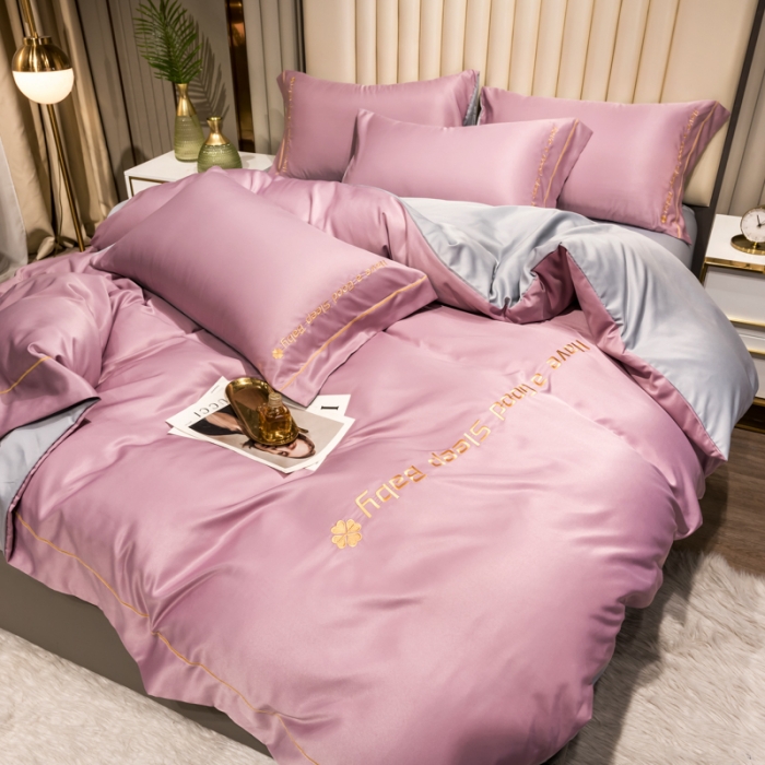 91家纺网 家纺一手货源 找家纺 骏腾2023新款水洗冰丝刺绣四件套真丝三件套-梦精灵 豆沙