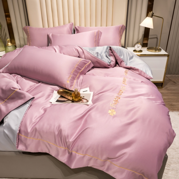 91家纺网 家纺一手货源 找家纺 骏腾2023新款水洗冰丝刺绣四件套真丝三件套-梦精灵 豆沙