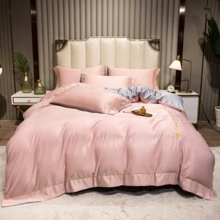 91家纺网 家纺一手货源 找家纺 骏腾2023新款水洗冰丝刺绣四件套真丝三件套-梦精灵 粉色