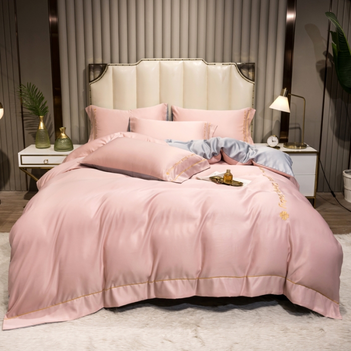 91家纺网 家纺一手货源 找家纺 骏腾2023新款水洗冰丝刺绣四件套真丝三件套-梦精灵 粉色