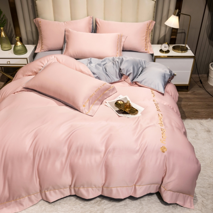 91家纺网 家纺一手货源 找家纺 骏腾2023新款水洗冰丝刺绣四件套真丝三件套-梦精灵 粉色