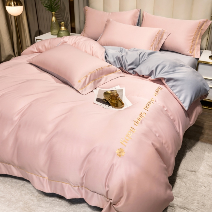 91家纺网 家纺一手货源 找家纺 骏腾2023新款水洗冰丝刺绣四件套真丝三件套-梦精灵 粉色