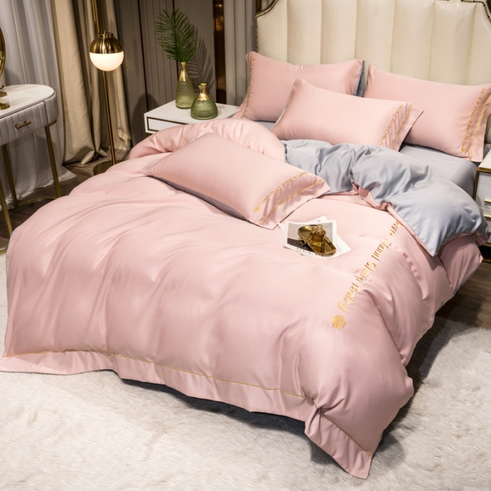 91家纺网 家纺一手货源 找家纺 骏腾2023新款水洗冰丝刺绣四件套真丝三件套-梦精灵 粉色