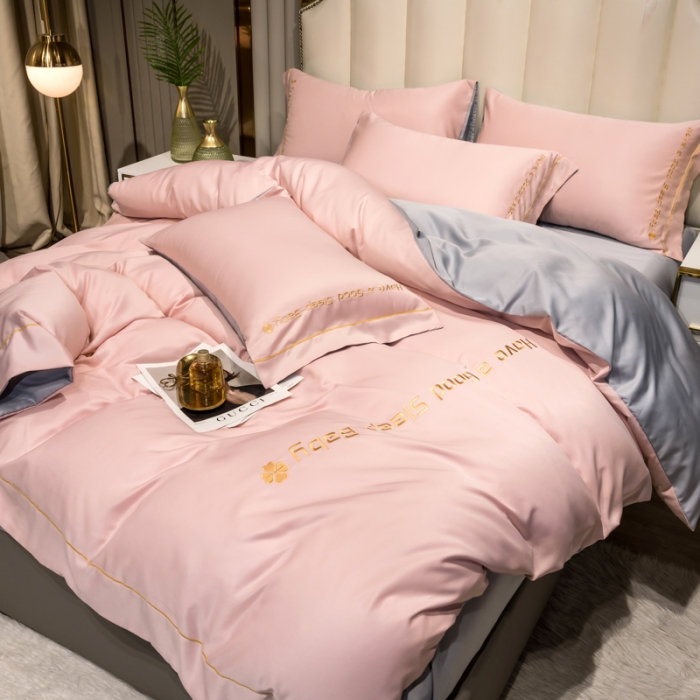 91家纺网 家纺一手货源 找家纺 骏腾2023新款水洗冰丝刺绣四件套真丝三件套-梦精灵 粉色