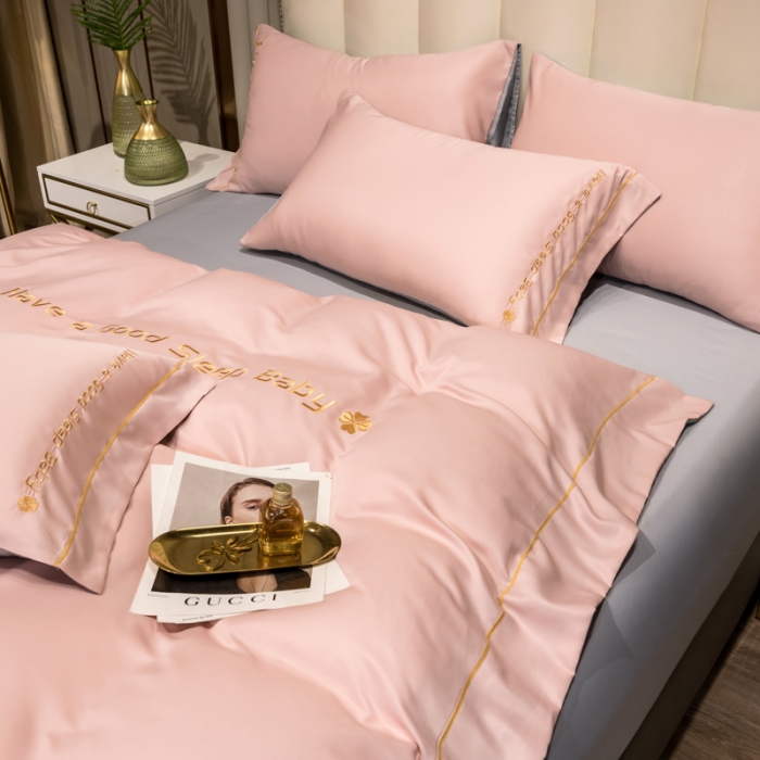 91家纺网 家纺一手货源 找家纺 骏腾2023新款水洗冰丝刺绣四件套真丝三件套-梦精灵 粉色